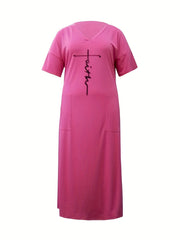 Women's Letter Print Maxi Dress with Pockets