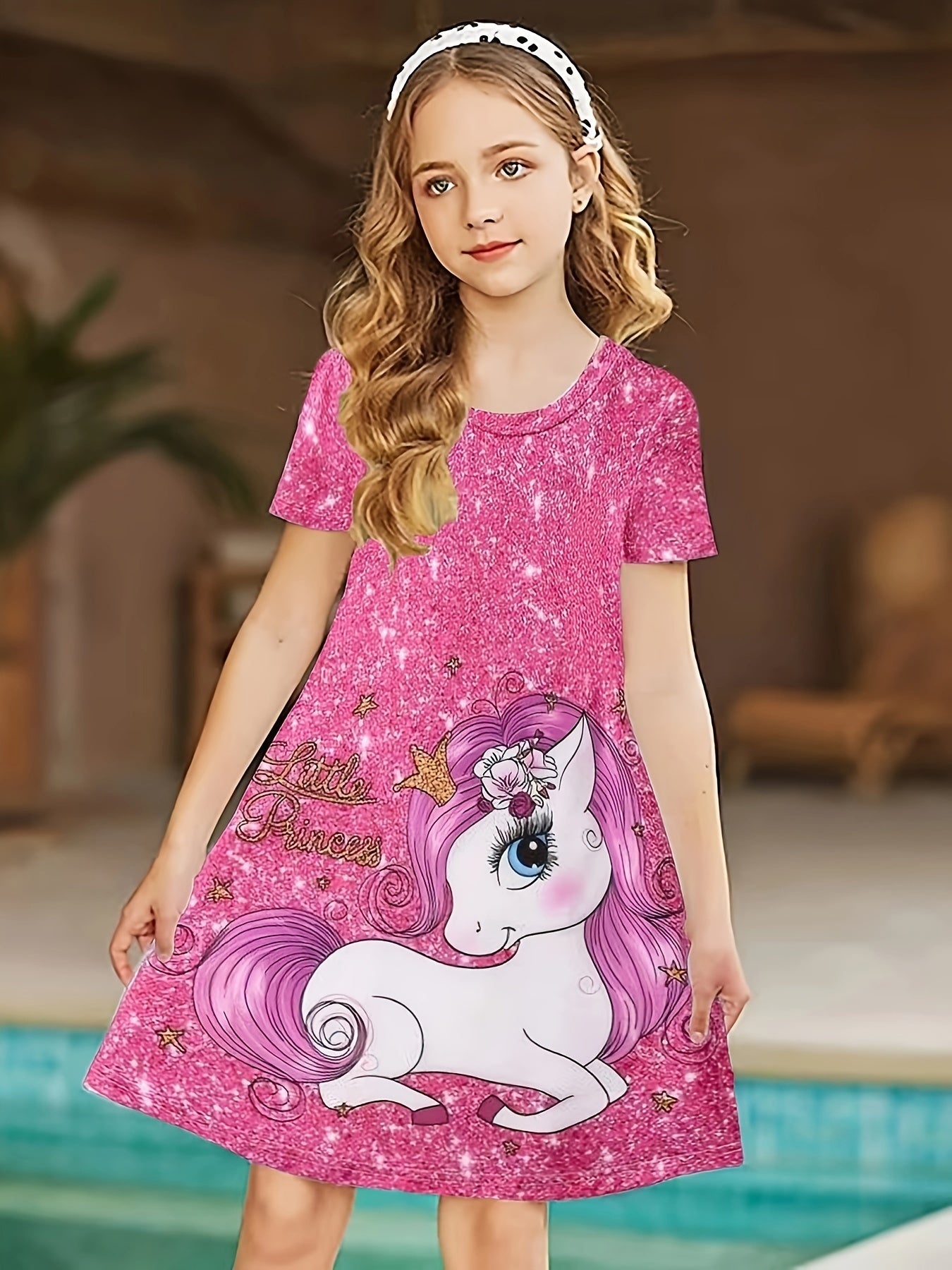Girls Unicorn Print Short Sleeve Dress Summer Clothes