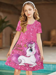 Girls Unicorn Print Short Sleeve Dress Summer Clothes