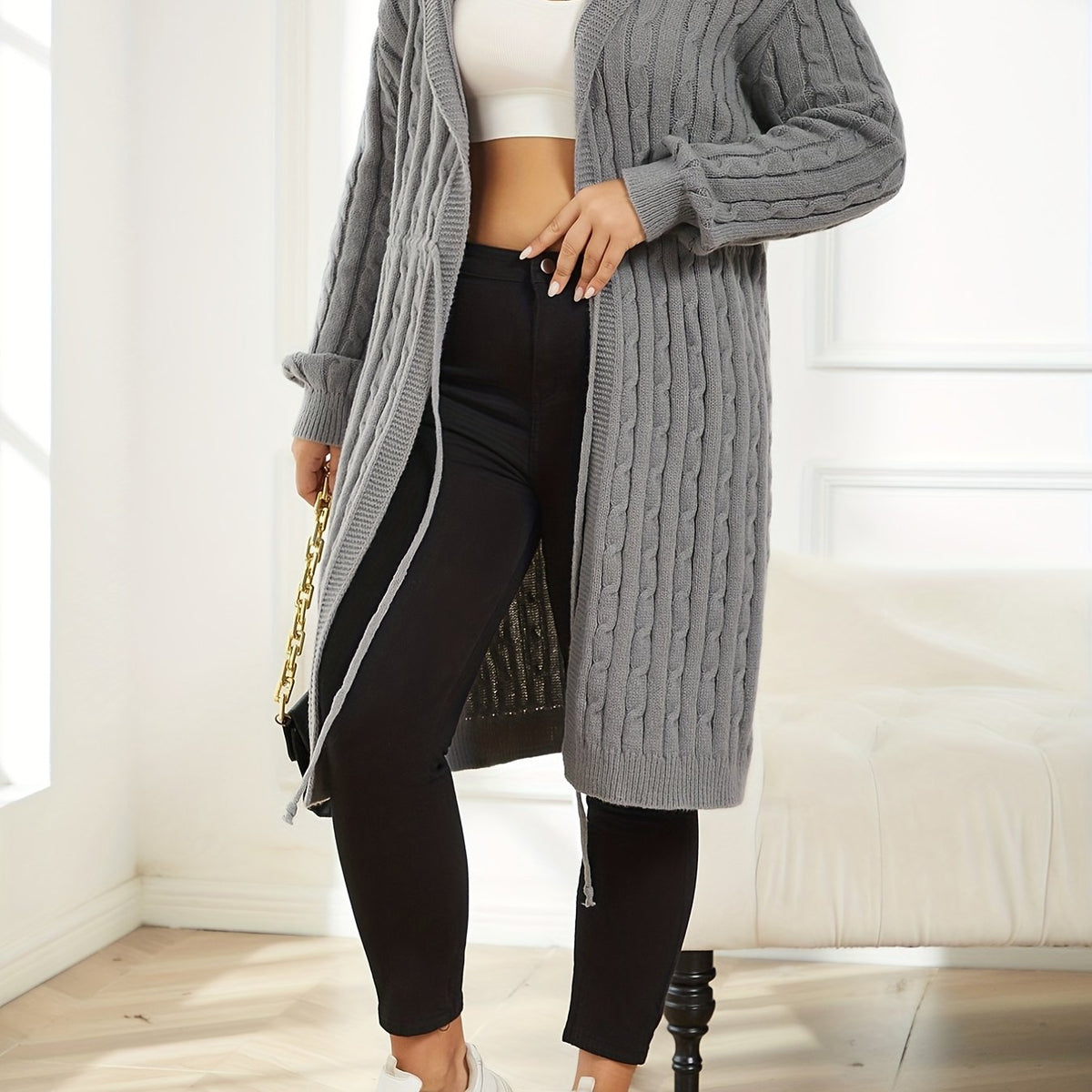  Cable Knit Hooded Cardigan Long Sleeve Drawstring