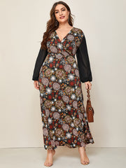  Mesh Floral Print Long Sleeve Maxi Dress Women's Boho Long Dress