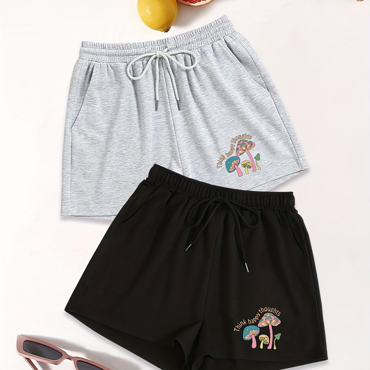 Mushroom Print Drawstring Shorts 2 Pack Women's Elastic Waist Shorts