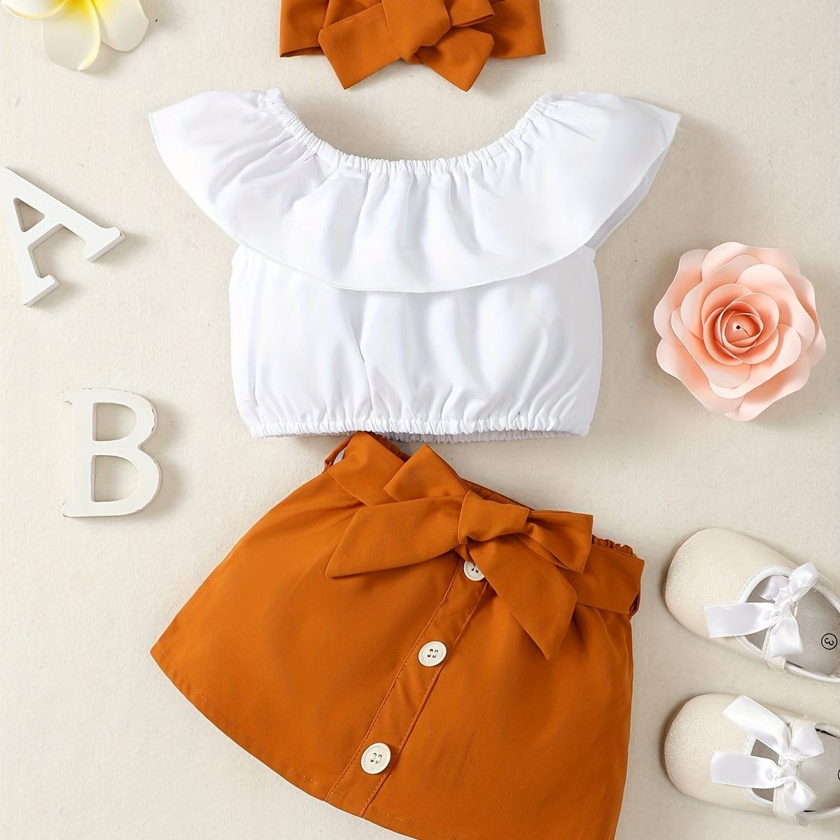 3pcs Baby Girl Dress Suit Off Shoulder Tops & Skirt & Headband Summer Outfits