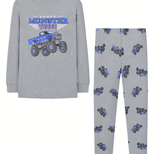 Kid's MONSTER TRUCK Print Pajama Set Long Sleeve Top & Pants