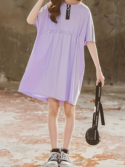 Girls' Drawstring Waist Short Sleeve T Shirt Dress Loose Fit Casual Dress