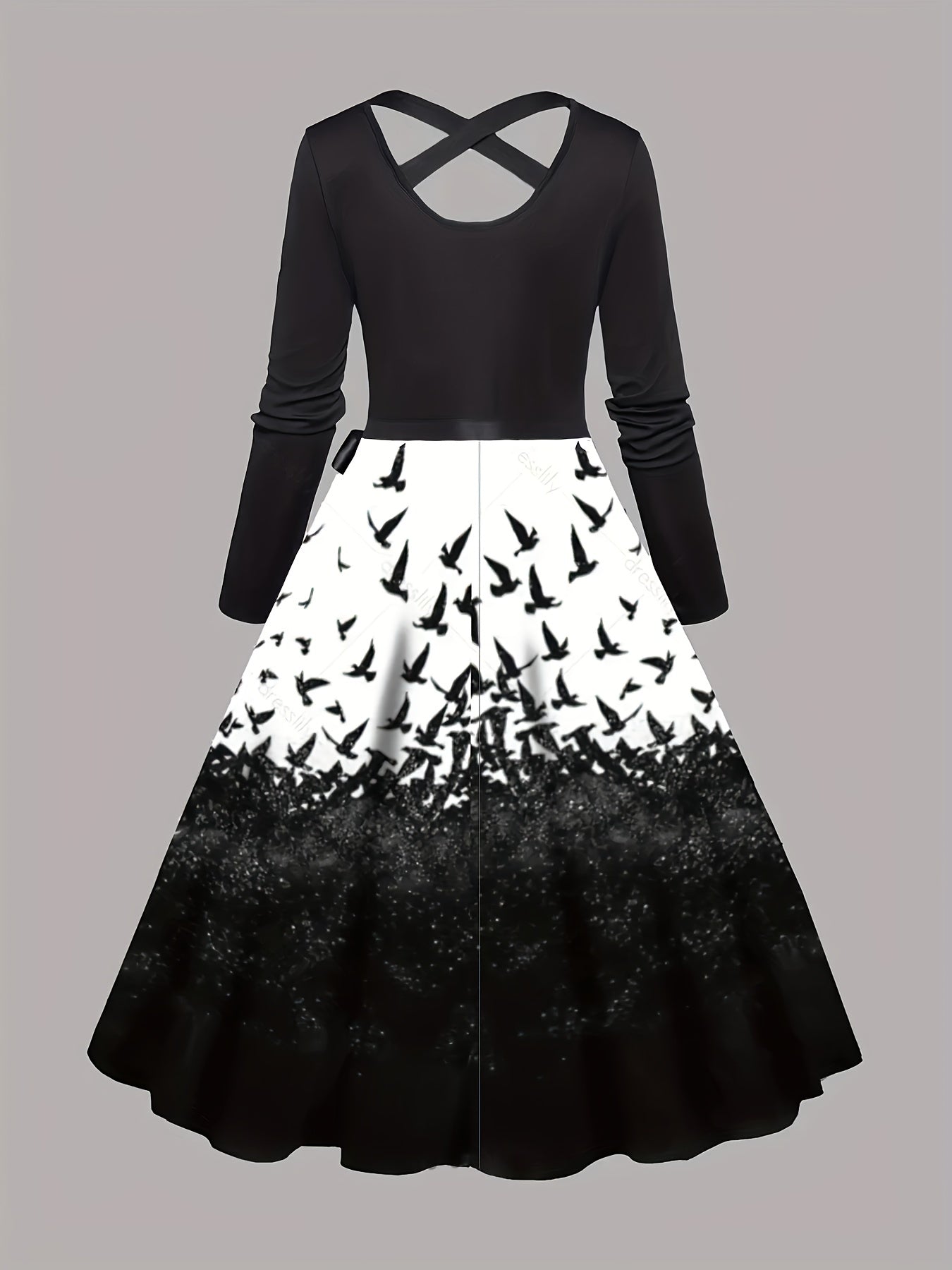  Colorblock Bird Print Long Sleeve Dress
