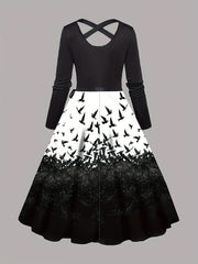  Colorblock Bird Print Long Sleeve Dress