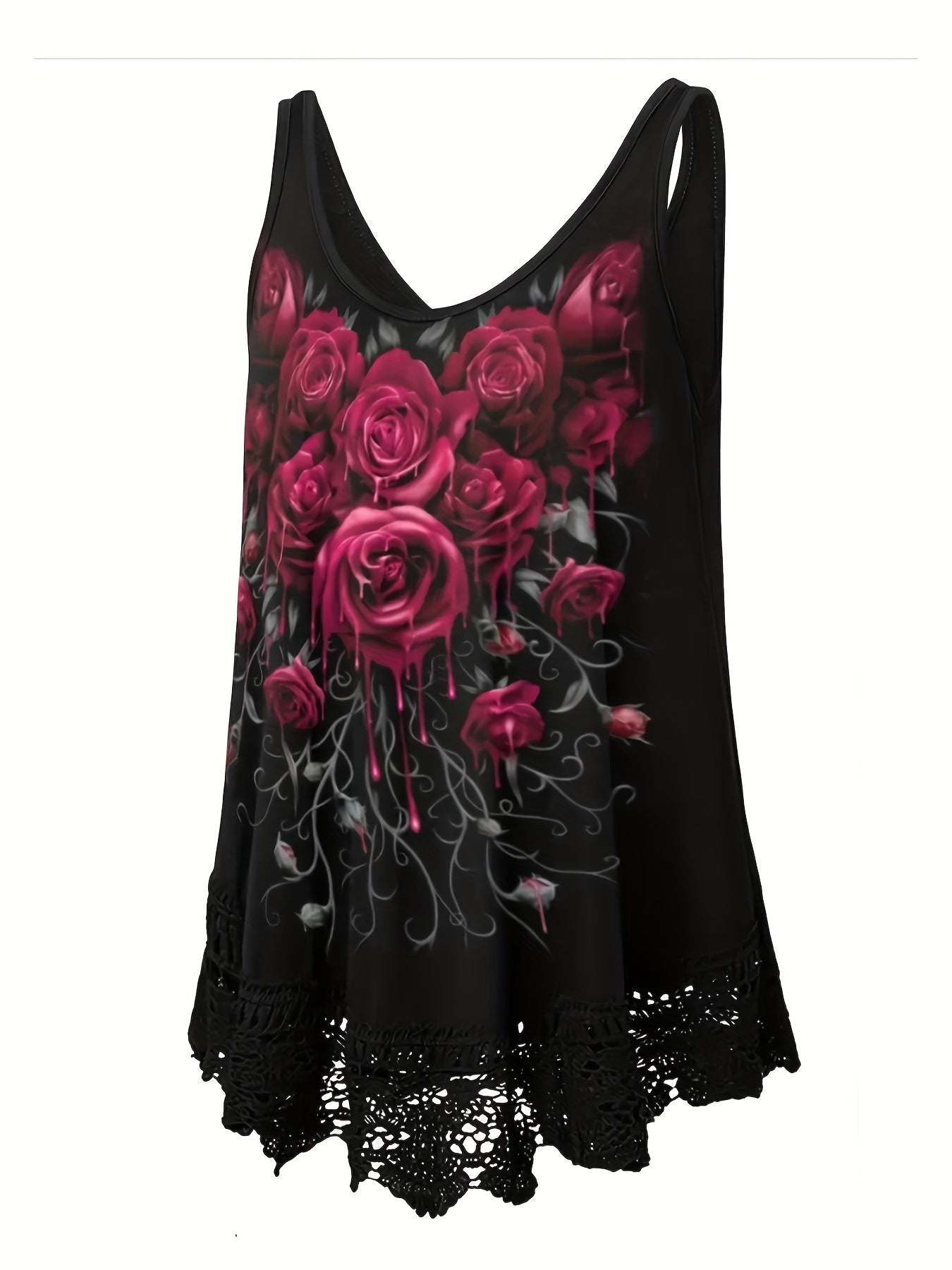 Rose Print Lace Trim Tank Top Sleeveless Summer Casual Women's Clothing