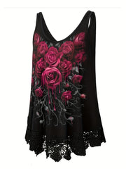 Rose Print Lace Trim Tank Top Sleeveless Summer Casual Women's Clothing