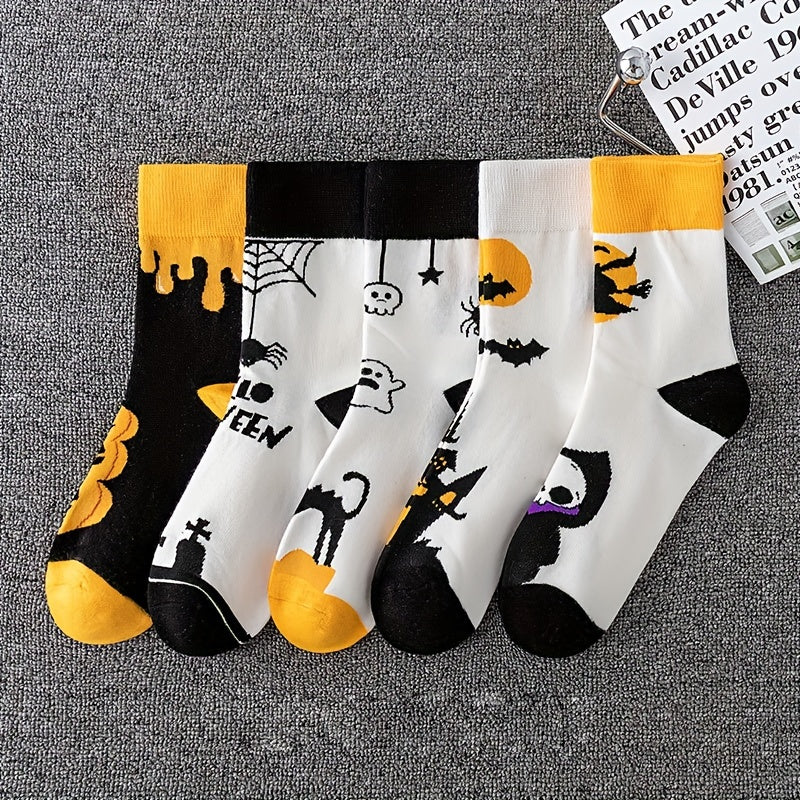 5 Pairs Pumpkin & Skull Print Halloween Socks Women's Stockings