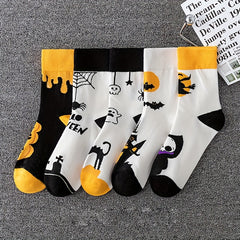 5 Pairs Pumpkin & Skull Print Halloween Socks Women's Stockings