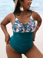  Boho Swimsuit Tropical Print Criss Cross Slim Fit Cami Swimsuit