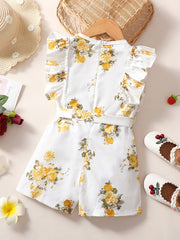 Girls Flowers Print Romper Sleeveless Ruffles Jumpsuit With Belt