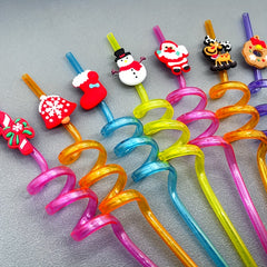 5pcs Christmas Party Straws Santa Snowman Shaped Straws Props Random