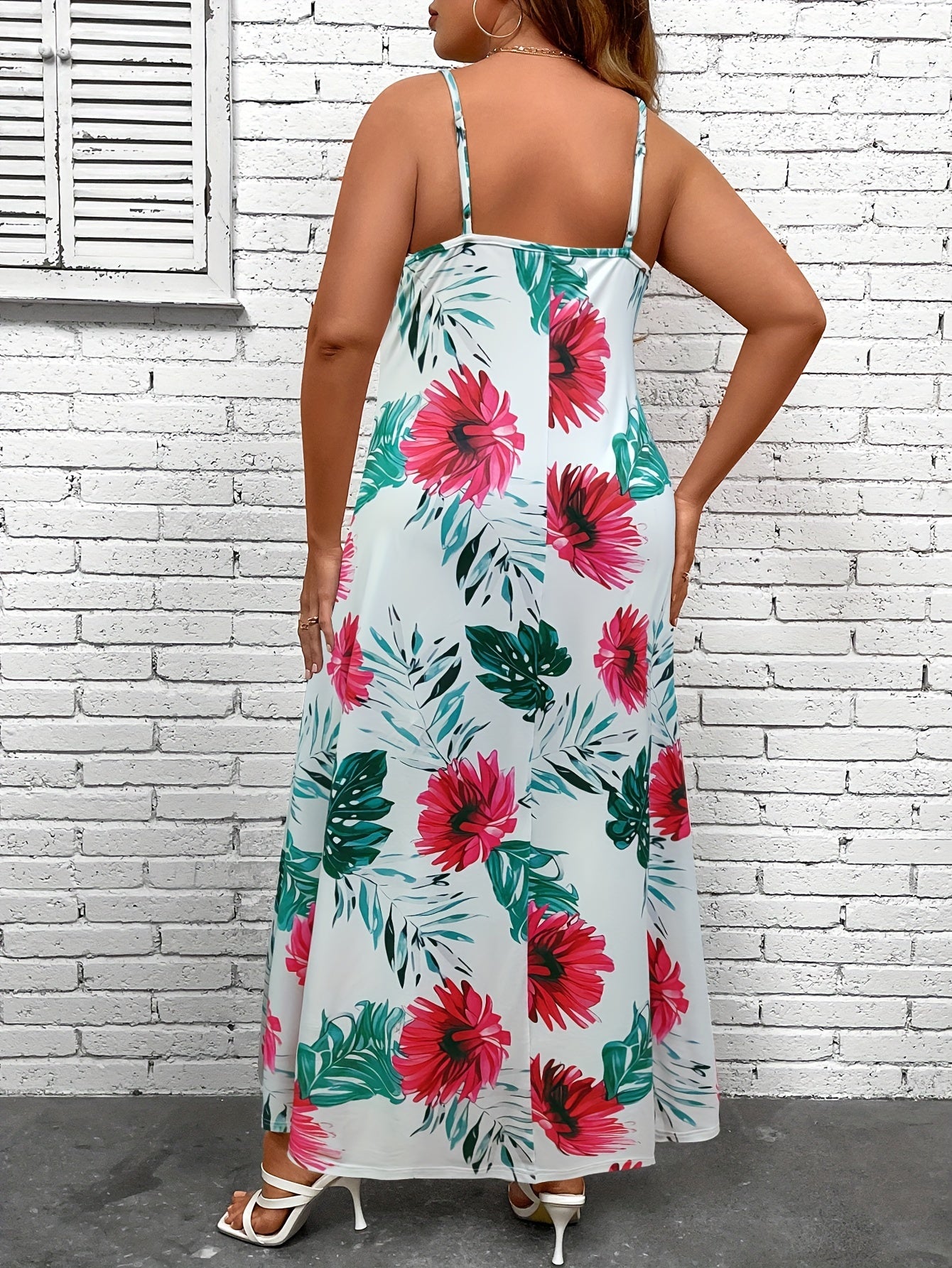 Plus Tropical Print V Neck Stretch Maxi Cami Dress