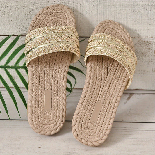 Women's Golden Slide Sandals Flat Slip On Beach Shoes