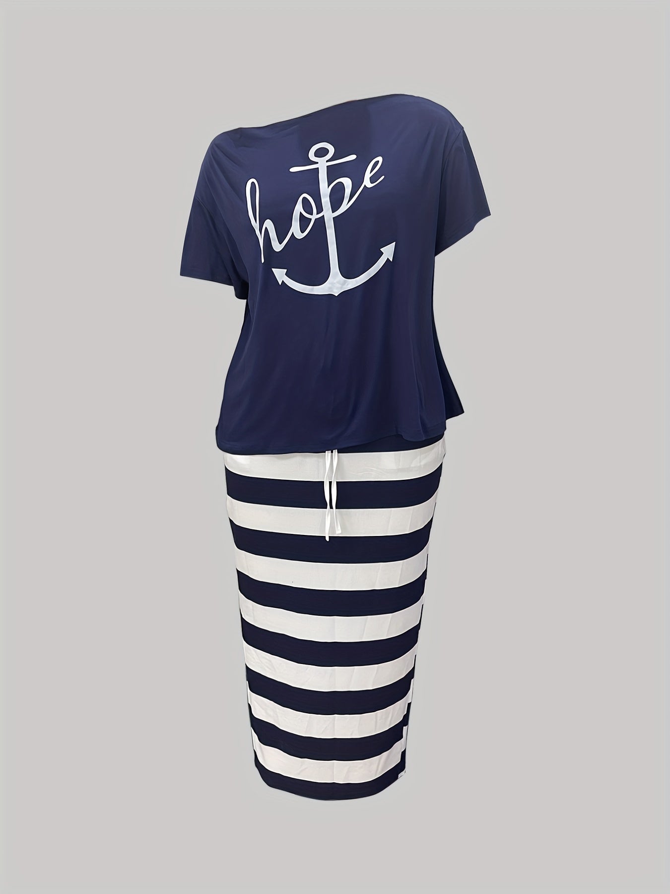  Anchor & Letter Print One Shoulder Top & Stripe Print Skirt Set