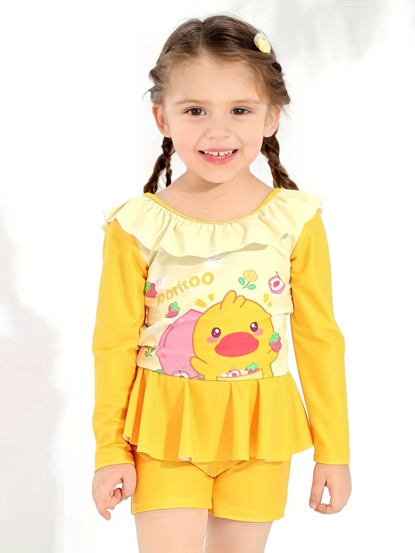 Girls' Duck Graphic Swimsuit Long Sleeve Crew Neck Beachwear For Kids