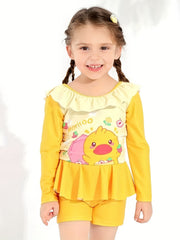 Girls' Duck Graphic Swimsuit Long Sleeve Crew Neck Beachwear For Kids