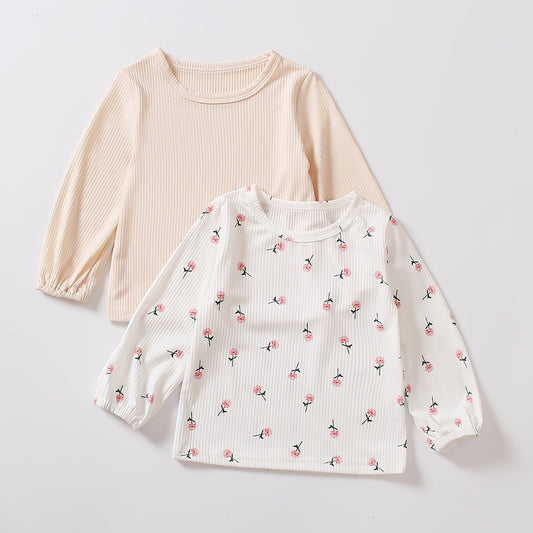 2pcs Little Kids Modest Floral Print Long Sleeve Tees Tops