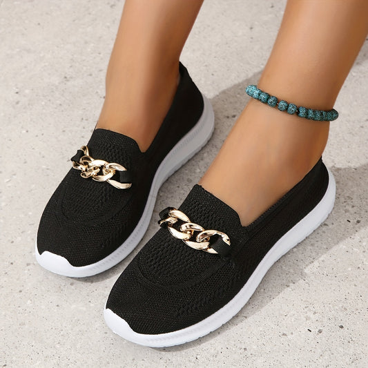 Metallic Chain Slip-On Round Toe Flat Shoes Low Flying Woven Comfy