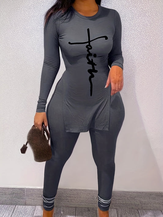  Cross Letter Print Tee & Leggings Set