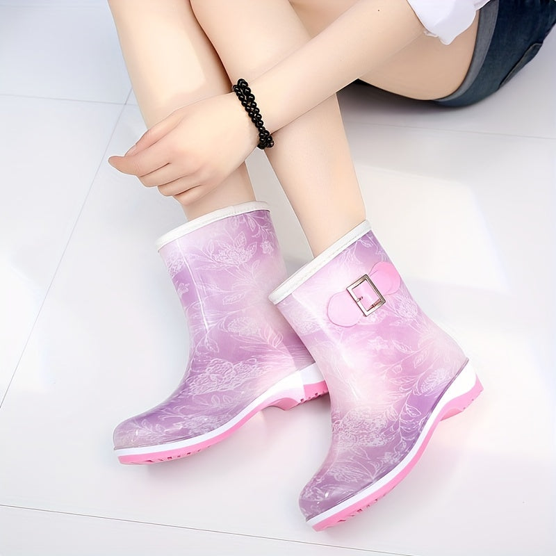 Women's Buckle Rain Boots Comfortable Slip On Shoes