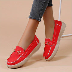 Women's Comfy Flat Loafers with Metallic Buckle Decor