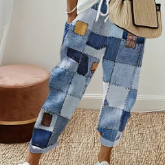  Denim Print Drawstring Trousers With Pockets