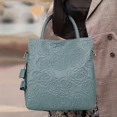 Flower Embossed Leather Tote Bag Top Handle Purse