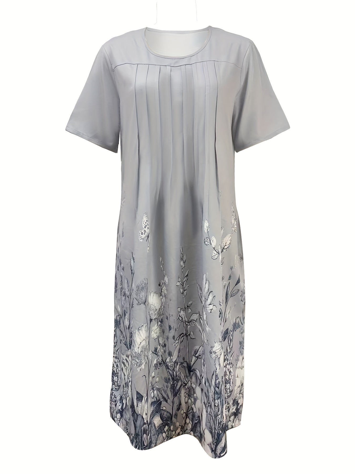 Floral Print Pleated Front Dress Short Sleeve Dual Pockets