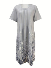 Floral Print Pleated Front Dress Short Sleeve Dual Pockets