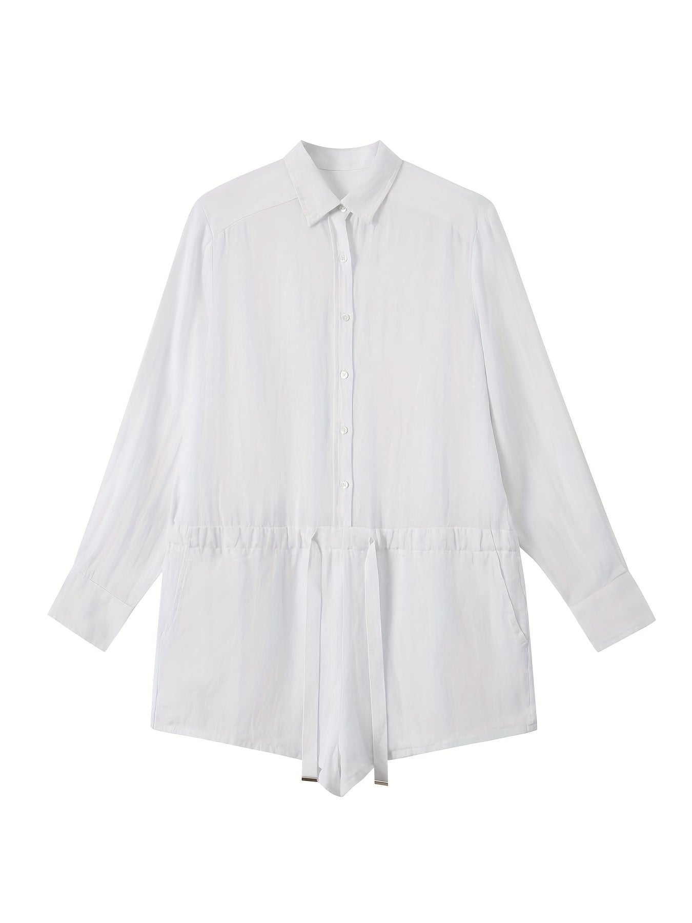 Drawstring Waist Shirt Romper Jumpsuit Long Sleeve Button