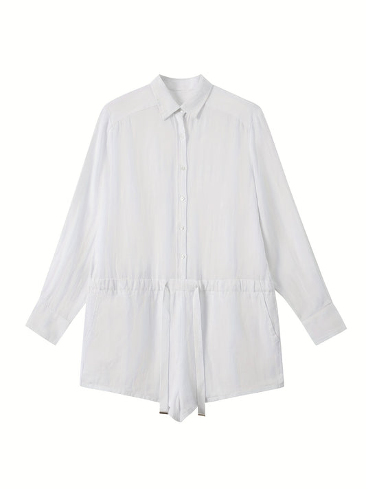 Drawstring Waist Shirt Romper Jumpsuit Long Sleeve Button