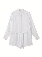 Drawstring Waist Shirt Romper Jumpsuit Long Sleeve Button