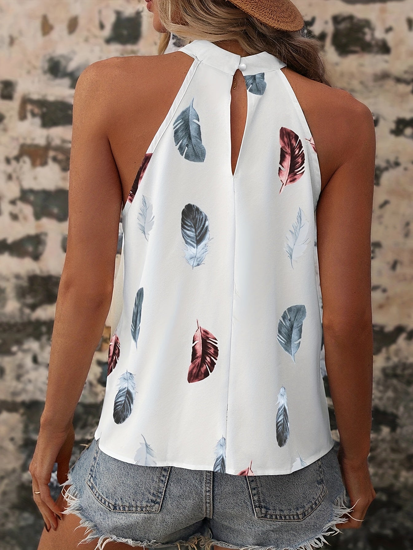 Feather Print Halter Neck Top for Summer Women's Clothing