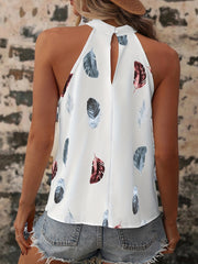 Feather Print Halter Neck Top for Summer Women's Clothing