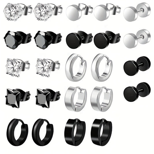 24pcs Men's Punk Stainless Steel Earrings Set
