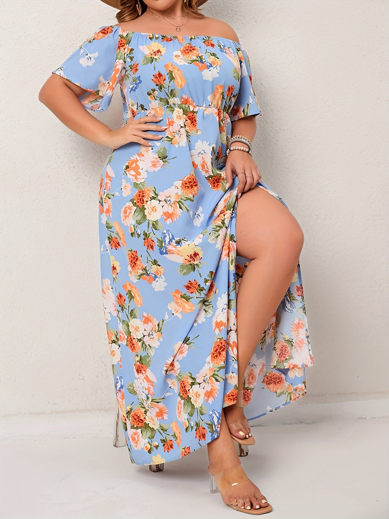  Floral Print Off Shoulder Maxi Summer Dress