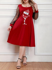  Graphic Print Mesh Sleeve Dress