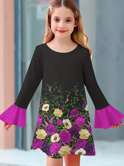 Girls Casual Splicing Flower Print Long Sleeve Dress