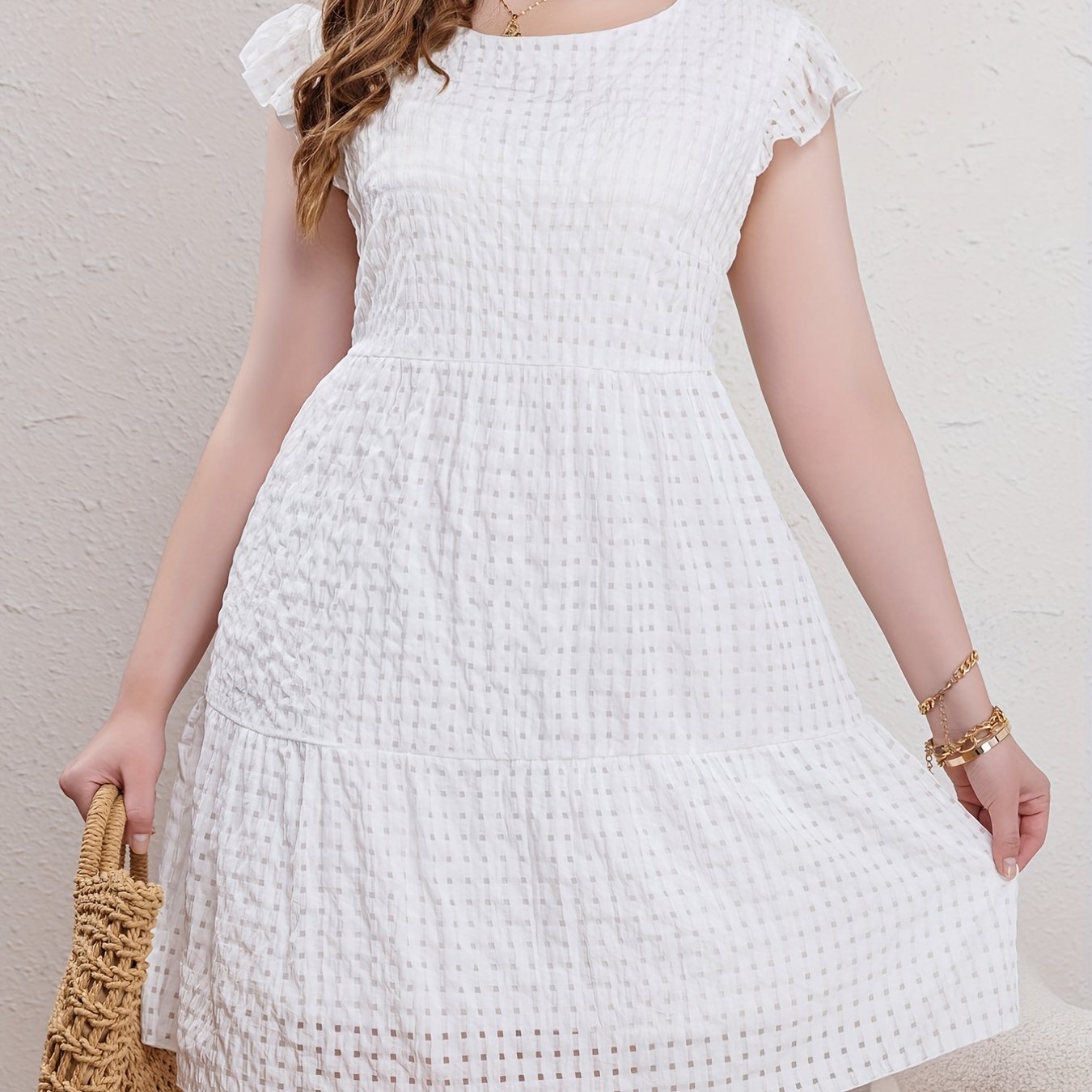 Plus Size Casual Dress Women's Solid Grid Ruffle Sleeve Round Neck Smock Dress