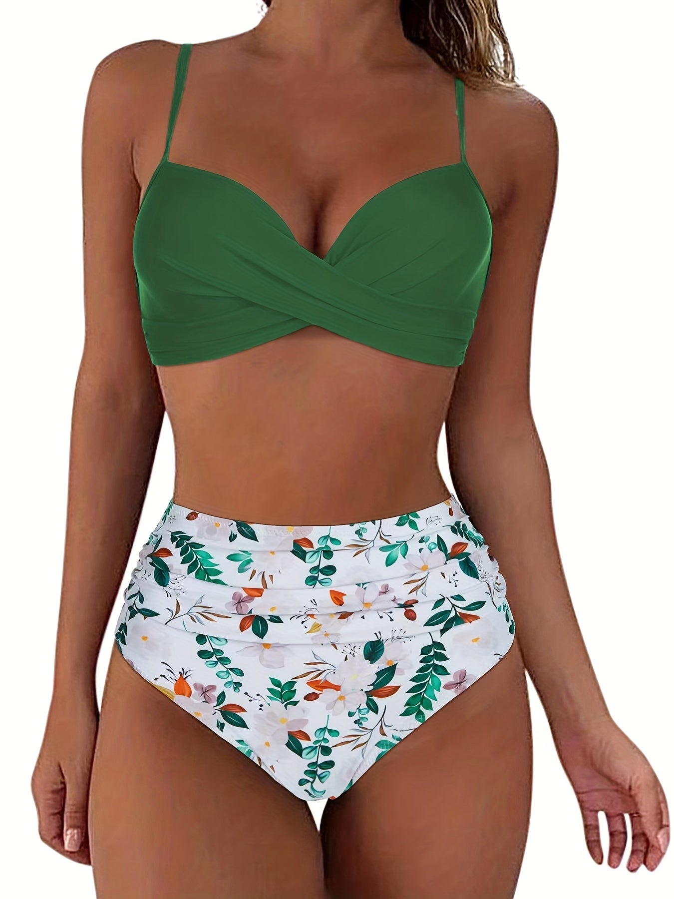 Tropical Print V Neck Bikini Set Layered High Waist Colorblock Swimsuit
