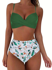 Tropical Print V Neck Bikini Set Layered High Waist Colorblock Swimsuit