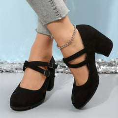 Women's Block Heels Double Buckle Strap Pumps Work Shoes