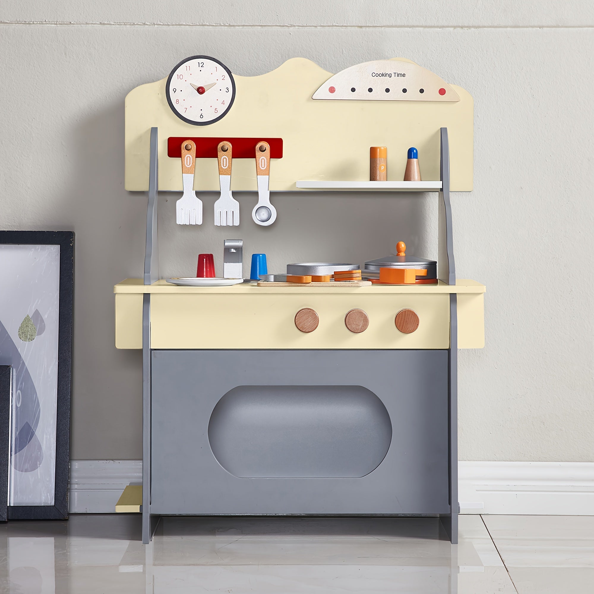Wooden Play Kitchen Set with Clock Sink & Stovetop Indoor Fun Gift