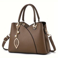 Textured Solid Handbag with Detachable Leaf Pendant