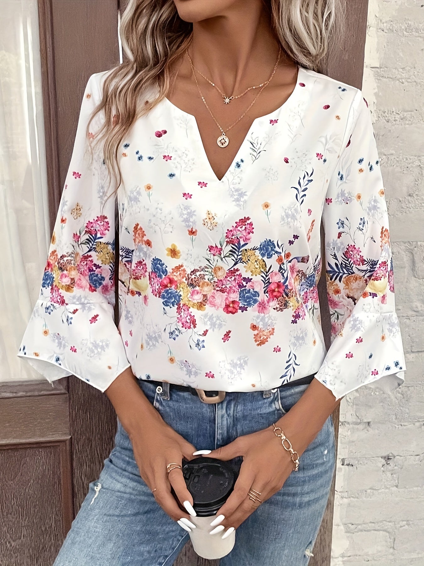  Floral Print Sleeve Blouse