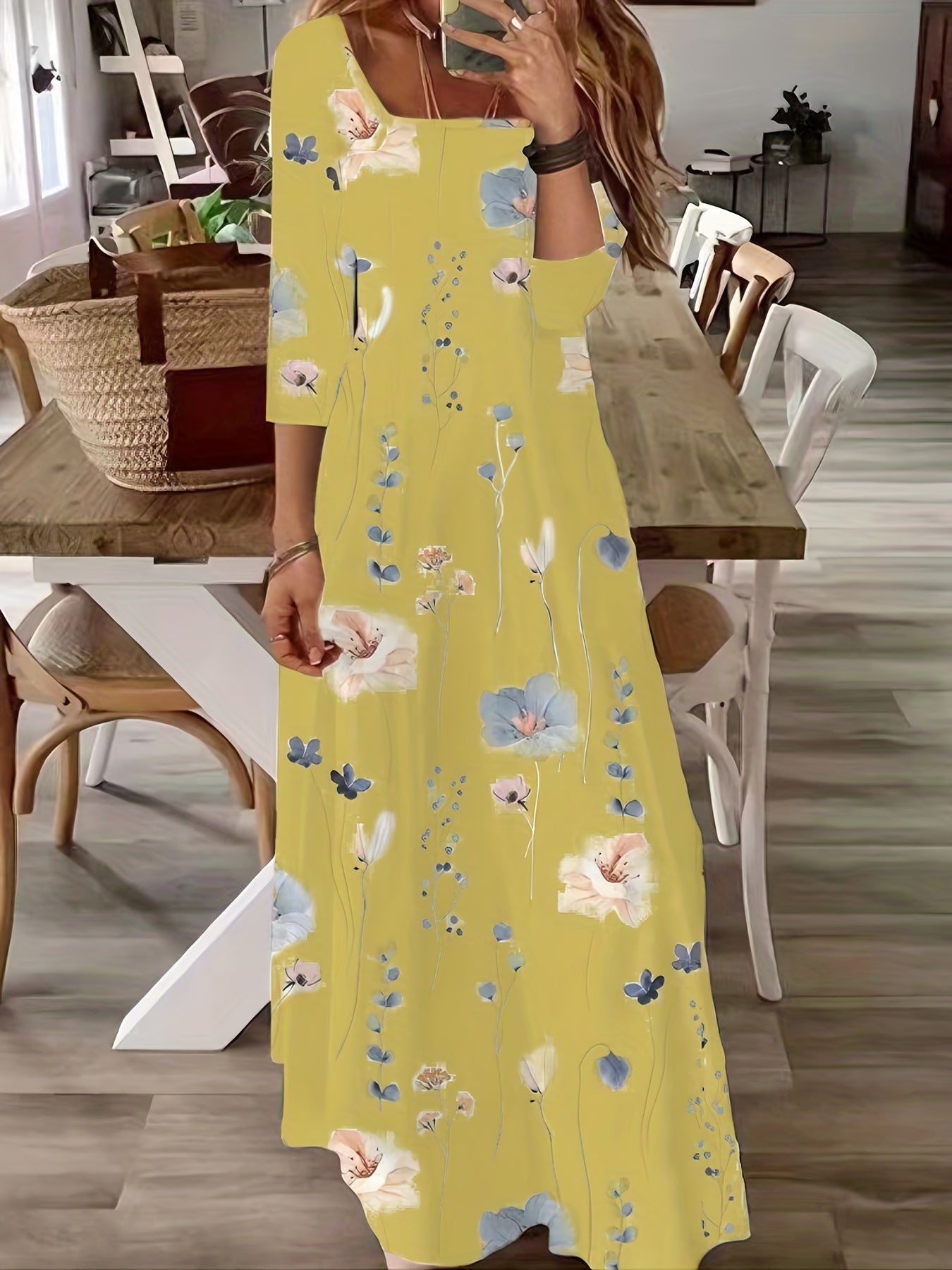 Floral Print Short Sleeve Square Neck Maxi Dress