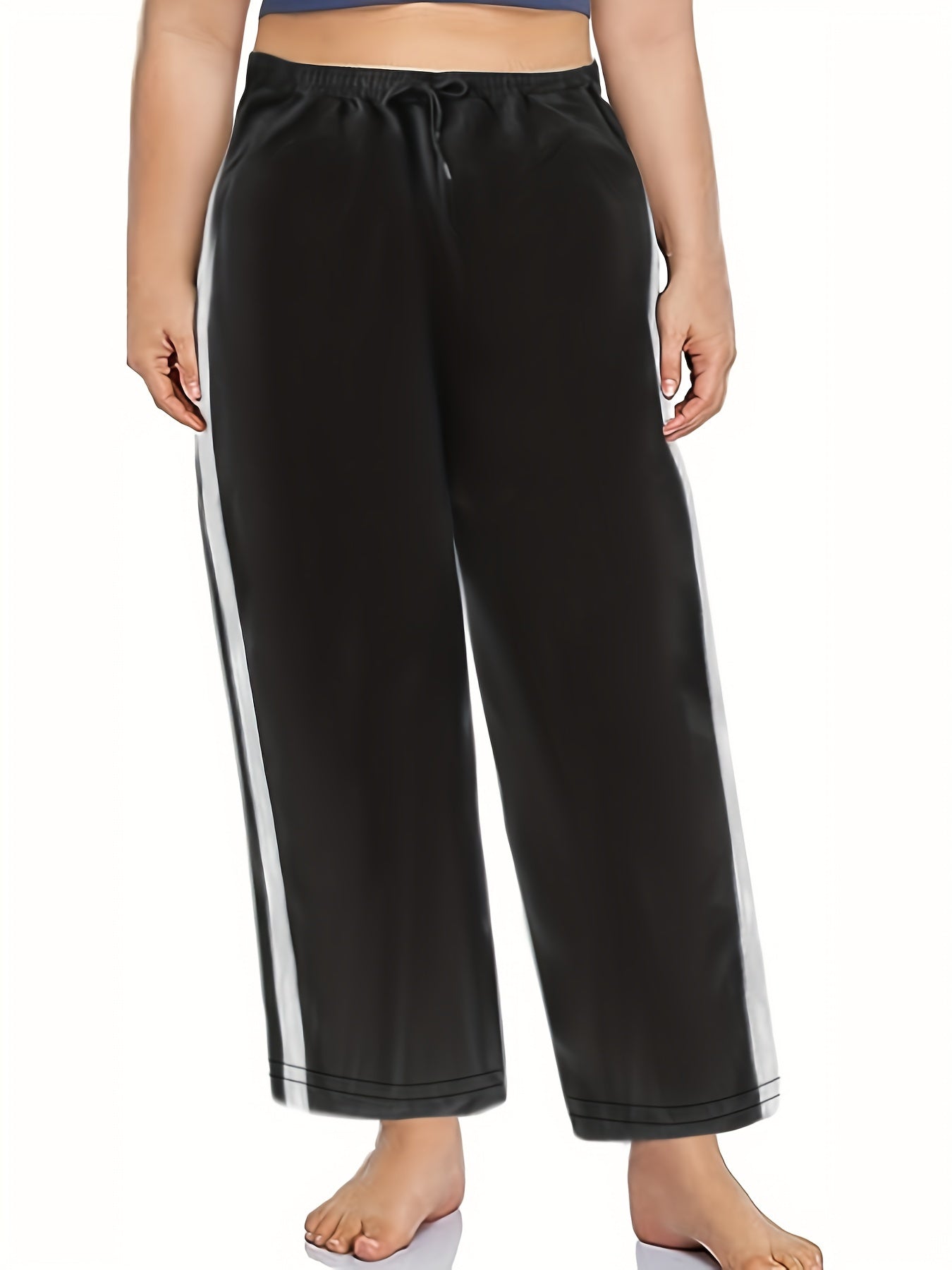  Stripe Print Wide Leg Trousers With Pockets